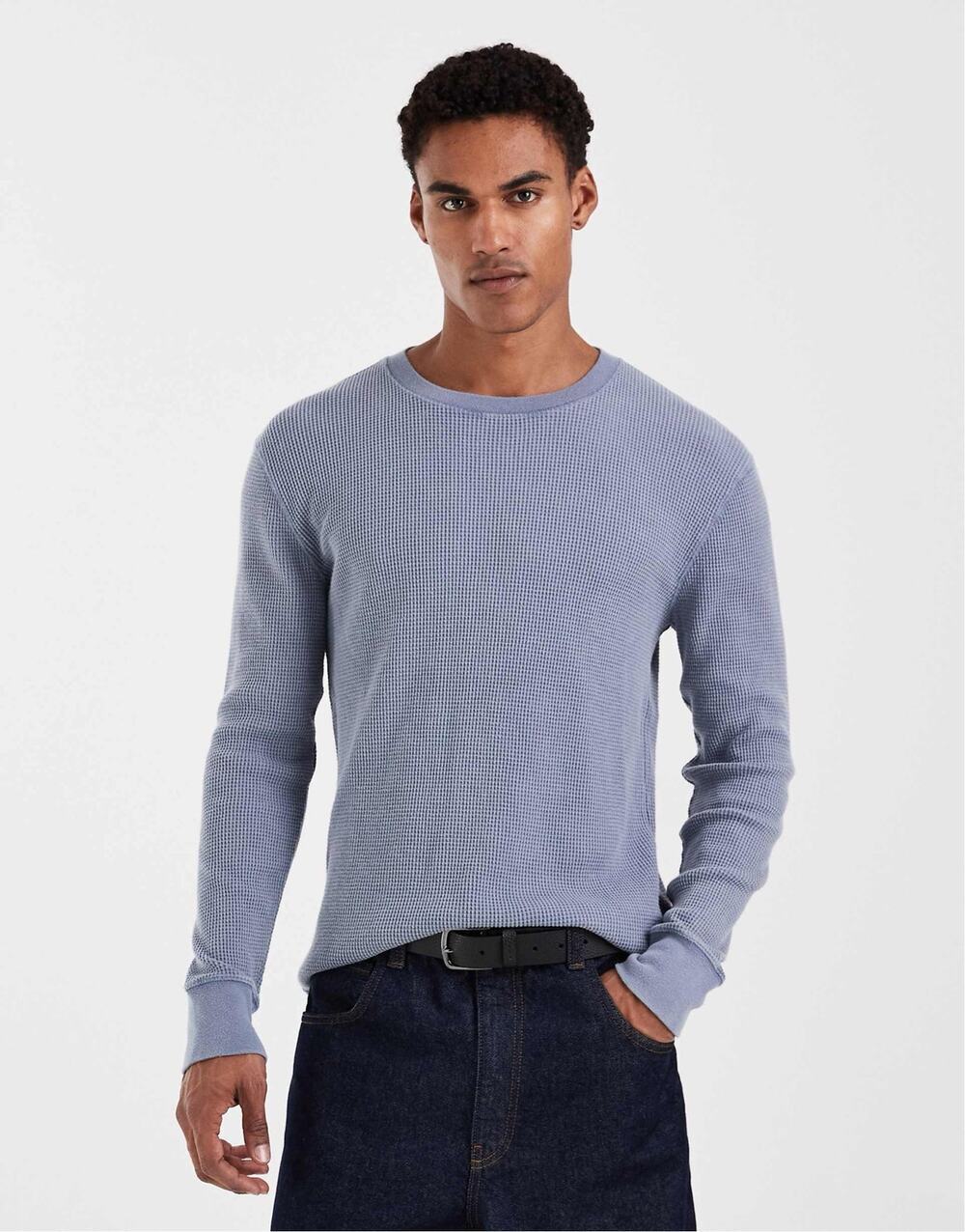 Hollister Crew Neck Long Sleeve Waffle Knit Thermal Top Size Medium Washed Blue
